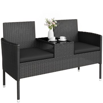 OUTSUNNY Vrtna klop za 2 osebi iz rattana in jekla, zunanja klop z blazinami in sredinsko kavno mizo iz kaljenega stekla, zunanji kavč, 135x64x81 cm, črna
