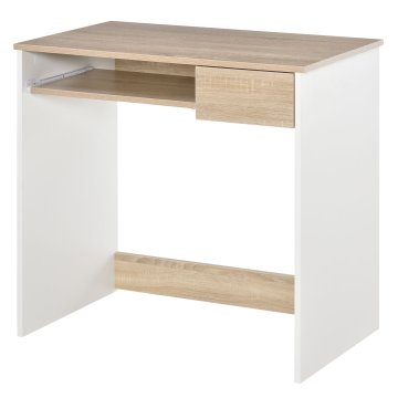 HOMCOM Pisarniška miza, 80x45x75 cm prostorsko varčna miza s pladnjem za tipkovnico, predal za dokumente, računalniška miza za dom, študij, pisarno, hrast in bela