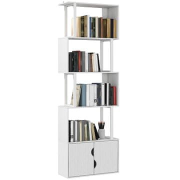 HOMCOM Knjižna polica s 5 policami, vertikalna prihranek prostora polica v obliki s z omarico z 2 vratoma, predelna polica za sobo, dnevno sobo, spalnico in pisarno, 60x23.8x179.2cm, bela
