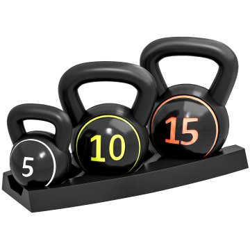 SPORTNOW Komplet 3 kettlebelli 2.2 kg, 4.5 kg in 6.8 kg (5lbs, 10lbs, 15lbs) z gladkim ročajem, ravno osnovo in nosilcem uteži, uteži za telovadnico iz plastike in peska, črna