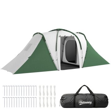 OUTSUNNY Šotor za kampiranje 4 osebe z 2 sobama in bivalnim prostorom, velik zunanji šotor z 2 vrati s prenosno torbo, odporen na UV žarke in vodo, 555x225x190 cm, siva in zelena