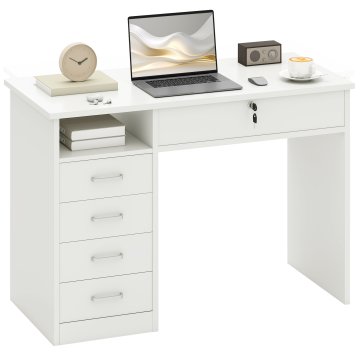 HOMCOM Pisalna miza za pisarno in sobo, pisalna miza za PC in računalnik, v lesu s 5 predali, delovna površina, 2 ključa, moderna, 110x50x76cm, bela