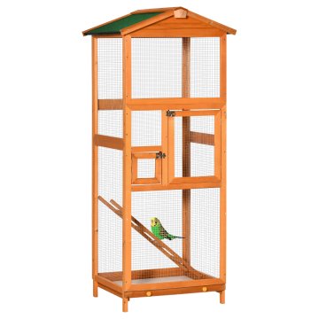 PAWHUT Kletka za ptice iz smrekovega lesa in kovinske mreže, voliera za ptice na prostem z 2 vrati, asfaltna streha in izvlečen pladenj, 68x63x165 cm, oranžna