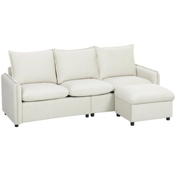 HOMCOM Kotni kavč 3 sedeži modularni kotni kavč v tkanini s površino usnja zračni 212x125x84 cm s shranjevalnim odstranljivim podnožjem in blazinami, reverzibilni l kavč za dnevno sobo, kremna