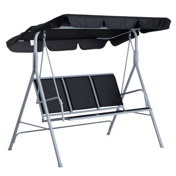 OUTSUNNY Vrtni gugalnik 3 sedežev s prilagodljivo odstranljivo senčno streho, zunanji gugalnik z zračnim sedežem iz poliestra, nosilnost 240 kg, 171x108x154 cm, črna