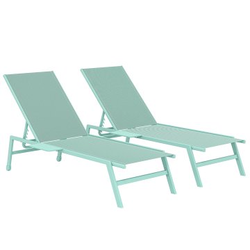 OUTSUNNY Komplet 2 ležalnikov za sončenje z bočno mizico, nastavljivim naslonjalom 5 stopenj, vrtni ležalnik iz texteline z 2 kolesoma, za plažo bazen teraso, 74x190x35cm, zelena