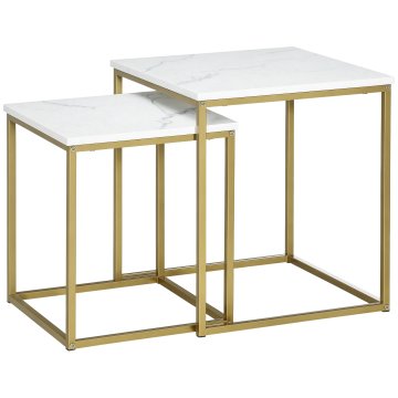 HOMCOM Miza za dnevno sobo set 2 kosov zložljiva s pultom efekt marmorja iz iverne plošče in jekleno konstrukcijo, 45x45x50 cm in 37x37x43 cm, bela in zlata