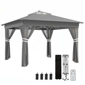 OUTSUNNY Vrtni gazebo pop-up z nastavljivo višino z LED lučmi na sončno energijo, zunanji gazebo iz jekla in oxford tkanine, 336x336x250-270 cm, siva
