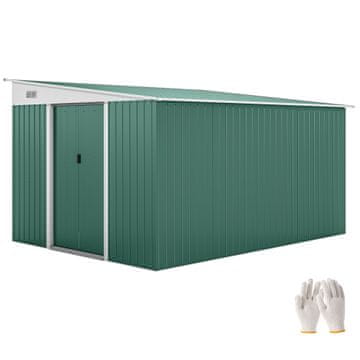 OUTSUNNY Vrtna lopa 8, 9 m² iz pocinkanega jekla z 2 zračnima odprtinama, lopa za orodje s poševno streho, dvojna drsna vrata z zaklepanjem in rokavice, 280x345x169/201 cm, zelena