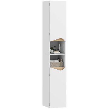 HOMCOM Kopalniški stolp visok in ozek z 2 odprtima policama, 2 omarcicama, prostorsko varčna kopalniška omarica z nastavljivimi policami, za jedilnico dnevno sobo, 30x34.6x180.5 cm, bela in barva lesa