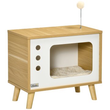 PAWHUT Mačja hišica v obliki televizorja z blazino in igračo žogico, dnevno pohištvo iz iverne plošče, 50x28x43 cm