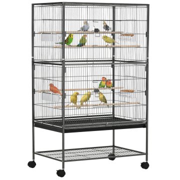 PAWHUT Kletka za ptice v notranjosti iz jekla in lesa z izvlečnim pladnjem, 4 kolesa, sedalo in posoda za hrano, 78x52x132cm, temno siva