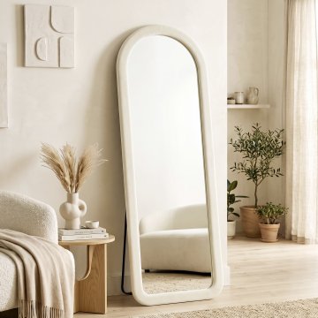 HOMCOM Talno ogledalo v obliki loka z okvirjem iz flanele, 160x60 cm stensko in samostoječe ogledalo v polni postavi iz kaljenega stekla z nosilcem, moderno za spalnico, dnevno sobo in vhod, krem