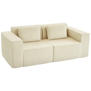 HOMCOM Kavč 3 sedeži ekstra globok 65 cm, modularen kavč brez ogrodja z debelim polnilom, široki nasloni za roke in 2 blazini, sodoben kavč iz rebrastega velurja za dnevno sobo in bivalni prostor, bež