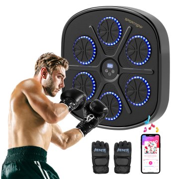 SPORTNOW Stenska glasbena boksarska naprava z 9 hitrostmi in načini, glasbena boksarska naprava z Bluetooth povezavo in rokavicami s polovičnimi prsti iz PU, ABS, PP in akrila, črna