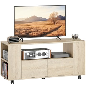 HOMCOM Premiční TV stojalo do 42 palcev, TV omarica z vrtljivimi kolesi in zavoro, nastavljive police in predali, za dnevno sobo in dnevni salon, 102x34.5x48.5 cm, naravni les
