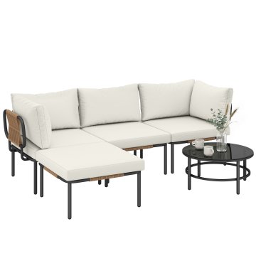 OUTSUNNY Set vrtni salon iz ratana 5 kosov, zunanji vrtni salonček l oblike s 3 stoli, podnožnik, steklena miza, pralne blazine, globoko sedenje, iz jekla, za balkon teraso kaki