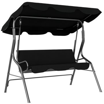 OUTSUNNY Vrtni gugalni stol 3 sedeži z nastavljivim snemljivim senčnikom, zunanji gugalni stol z mehko blazino iz poliestra, nosilnost 240 kg, 170x110x153 cm, črna