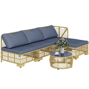 OUTSUNNY 5-Delni zunanji rattan salon, vrtni set z modularnim kavčem, blazinami in stekleno kavno mizo, siva