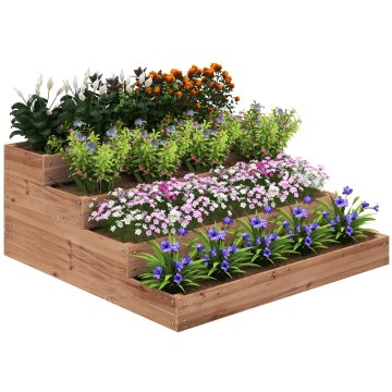 OUTSUNNY Zunanja dvignjena greda za vrt na 4 nivojih, zunanja cvetlična posoda iz smrekovega lesa z odprtim dnom in podlogo iz tkanine, za rastline, rože in zelenjavo, 113x113x46 cm, temno rjava