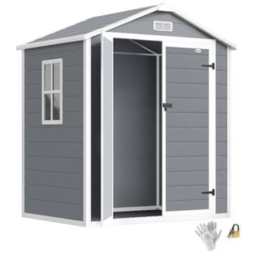 OUTSUNNY Vrtna hišica 2.12m² iz PP in aluminij z tlemi, vrtna lopa za orodje z dvojnimi zaklepnimi vrati, zračnik, okno, nagnjena streha, rokavice, siva