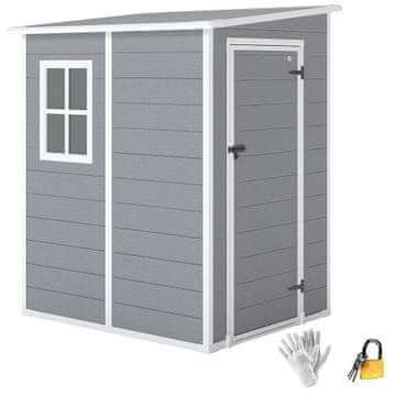 OUTSUNNY Vrtna hišica 1.54m² iz PP in aluminija s tlemi, vrtna lopa za orodje z enojnimi vrati zaklenljivimi, odprtino za zrak, oknom, poševno streho, rokavicami, siva