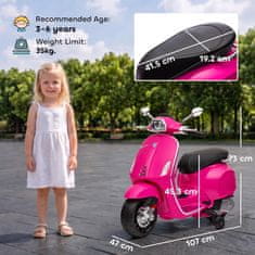 AIYAPLAY 12V električni motor za otroke 3-6 let z licenco vespa s kolesi, žarometom in glasbo, igrača motor iz PP in kovine, 107x47x73 cm, roza