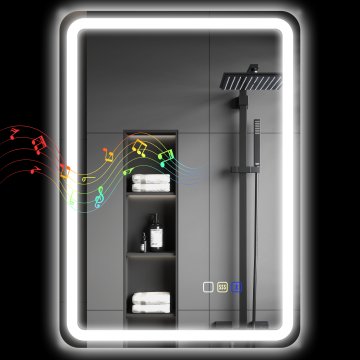 HOMCOM Ogledalo za kopalnico z LED lučjo 50x70 cm, stensko ogledalo z bluetooth, osvetljeno od zadaj, 3 barve z možnostjo zatemnitve, funkcija spomina, proti zamegljevanju, touch stikala, iz kaljenega stekla