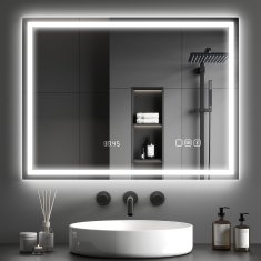 HOMCOM Stensko ogledalo z LED lučjo in Bluetooth zvočnikom 80x60 cm, 3 barve, kopalniško ogledalo z nastavljivo svetlostjo, funkcija spomin, antizameglitev, tipkalni stikali, srebrna