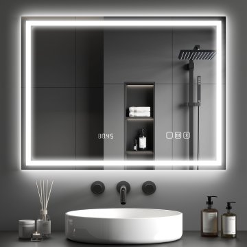 HOMCOM Stensko ogledalo z LED lučjo in Bluetooth zvočnikom 80x60 cm, 3 barve, kopalniško ogledalo z nastavljivo svetlostjo, funkcija spomin, antizameglitev, tipkalni stikali, srebrna