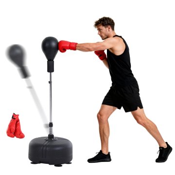 HOMCOM Punching ball da terra, sacco da boxe da terra z base riempibile, ventose e guantoni, altezza regolabile 4 livelli da 136-154 cm, speed bag per home gym casa e palestra, nero