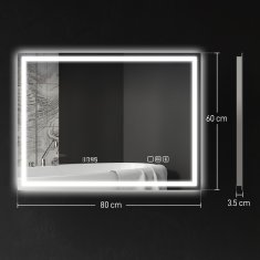HOMCOM Stensko ogledalo z LED lučjo in Bluetooth zvočnikom 80x60 cm, 3 barve, kopalniško ogledalo z nastavljivo svetlostjo, funkcija spomin, antizameglitev, tipkalni stikali, srebrna
