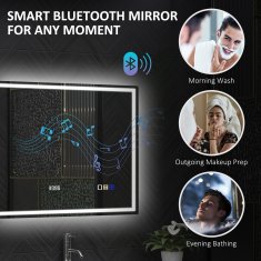 HOMCOM Stensko ogledalo z LED lučjo in Bluetooth zvočnikom 80x60 cm, 3 barve, kopalniško ogledalo z nastavljivo svetlostjo, funkcija spomin, antizameglitev, tipkalni stikali, srebrna