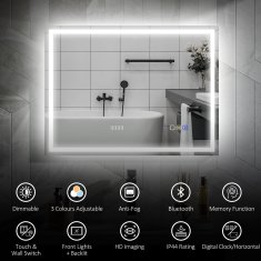 HOMCOM Stensko ogledalo z LED lučjo in Bluetooth zvočnikom 80x60 cm, 3 barve, kopalniško ogledalo z nastavljivo svetlostjo, funkcija spomin, antizameglitev, tipkalni stikali, srebrna