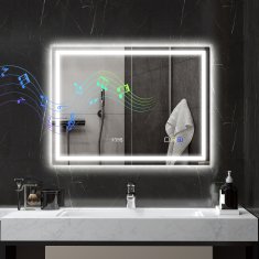 HOMCOM Stensko ogledalo z LED lučjo in Bluetooth zvočnikom 80x60 cm, 3 barve, kopalniško ogledalo z nastavljivo svetlostjo, funkcija spomin, antizameglitev, tipkalni stikali, srebrna