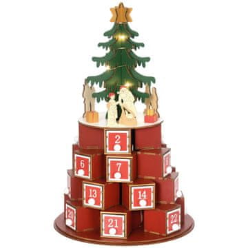 HOMCOM Adventni koledar v obliki stožca s tematskimi vzorci in 10 led lučkami, 22x22x35 cm, iz vezane plošče, rdeča zelena in rumena