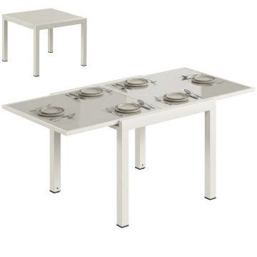 OUTSUNNY Tavolo da giardino allungabile per 4-8 persone, 90/180x90 cm tavolo da pranzo estensibile da esterno in alluminio con piano in vetro temperato, per patio terrazzo balcone, bianco crema