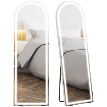 HOMCOM Talno ogledalo v obliki loka s svetili, 150x50 cm stensko in samostoječe ogledalo v polni postavi iz kaljenega stekla, zatemnljivo v 3 barvah, funkcija pomnilnika, za spalnico, prozorno
