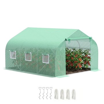 OUTSUNNY Serra da giardino a tunnel con porta avvolgibile, 6 finestre e tetto a spiovente, serra per orto in PE per piante, 3.5x3x2 M, verde scuro