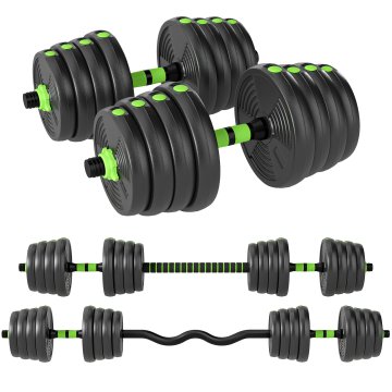 SPORTNOW Komplet uteži za telovadnico nastavljiv 3 v 1 30 kg, uteži za telovadnico z nedrsečim ročajem iz plastike in peska, kot 2 uteži, palica za telovadnico, trening moči fitnes doma, zelena