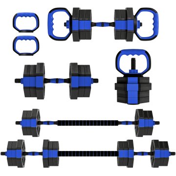 SPORTNOW Komplet uteži za telovadnico 6 v 1 skupaj 20 kg iz plastike in peska, set nastavljivih dumbbell uporaben kot kettlebell, dumbbell, barbell in podpora za sklece, vadba doma, modra