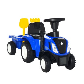 HOMCOM Traktor za jahanje s prikolico, grabljami in lopato, izobraževalna igrača za otroke 12-36 mesecev, 91x29x44cm, modra