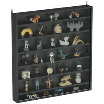 HOMCOM Stenska vitrina s 6 nastavljivimi policami, vitrina za zbirateljstvo, stenska vitrina za zbirateljske predmete, iz stekla in iverne plošče, 80x9.5x83 cm, črna