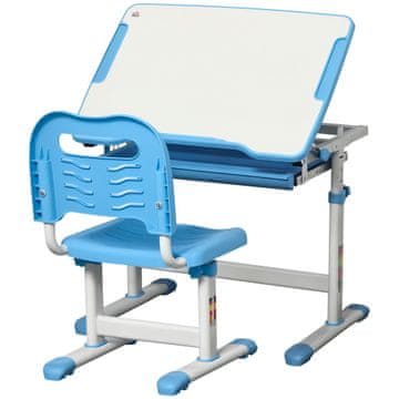 HOMCOM Banco scuola per bambini 6-12 anni regolabili in altezza, set scrivania e sedia per bambini con piano inclinabile 45°, cassetto, 2 portapenne e gancio, blu