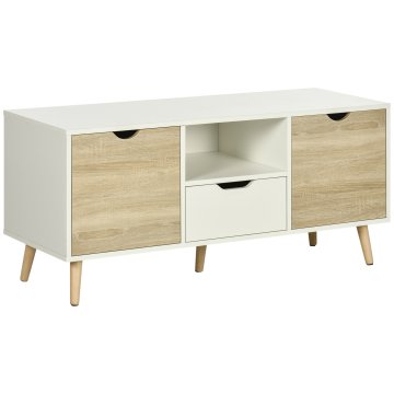HOMCOM Prenosna TV omarica max 50" moderna s predalom, odprto polico in 2 omaricama, s 5 nogami iz borovega lesa, 110x40x50 cm, bela in barva lesa