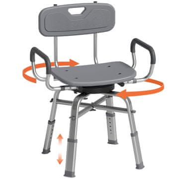 HOMCOM Vrtljivi tuš stol 360° z izvlečnimi nasloni za roke in naslonjalom, tuš tabure 6 nastavljiva višina, nedrseč, v aluminijevi zlitini, nosilnost 150kg, za starejše in invalidne, siva