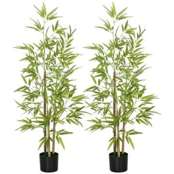 HOMCOM Komplet 2 umetnih bambusovih rastlin 120 cm s 3 stebli s loncem Ø15x12cm, umetne rastline iz PEVA, PP in kovine, za notranjo in zunanjo uporabo, vrt, pisarna, dnevna soba, zelena in črna