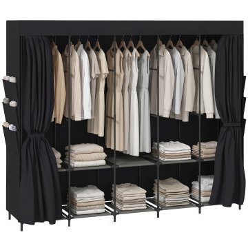 HOMCOM Omara iz tkanine za prihranek prostora, garderoba s 5 palicami, 5 policami, 6 stranskimi žepi, vrata proti prahu z zadrgo, 212x45x167 cm, za spalnico, črna