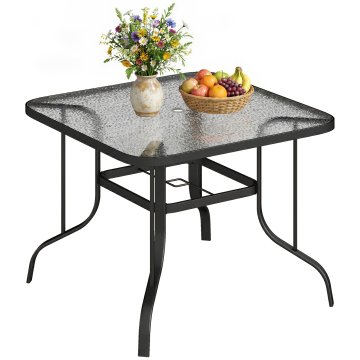 OUTSUNNY Vrtna miza za 4 osebe z luknjo za sončnik Ø43 mm, zunanja jedilna miza iz kovine in kaljenega stekla, za teraso, balkon in zunanjost, 96.5x96.5x72 cm, črna