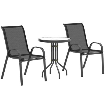 OUTSUNNY Set bistro 3 kosov z 2 vrtnimi stolčki zračnimi zlagljivimi in okroglo mizo, set mize in stolov za vrt iz jekla in stekla, set za vrt za teraso, dvorišče, črn